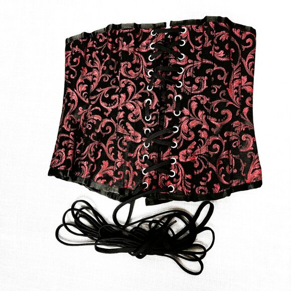 * Red Black brocade Underbust Corset Waist Cincher EUC Size 24 main image 5
